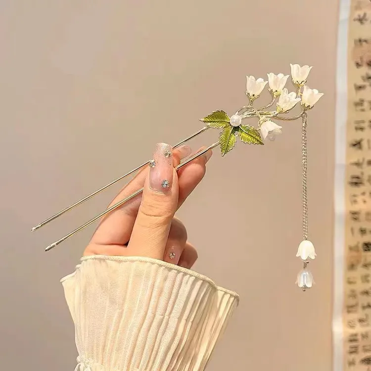 合金发饰 古风流苏铃兰花发簪现代简约簪子U型盘发器汉服旗袍发饰