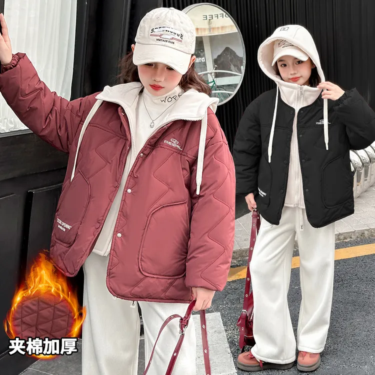 女童夹棉棉服秋冬加绒加厚2023新款儿童洋气连帽保暖外套大童棉袄