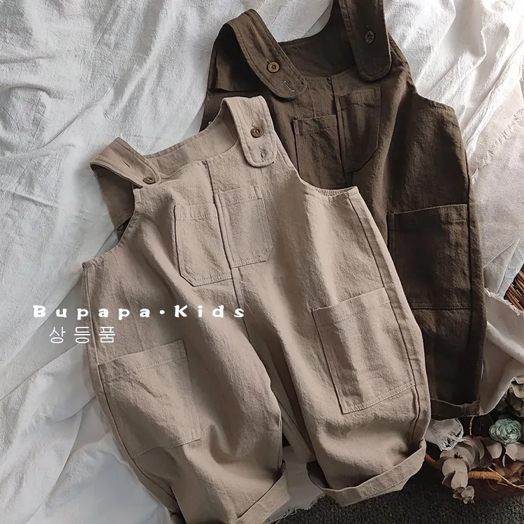 洋气百搭儿童森系复古背带裤男女宝宝春秋季连体裤宽松纯色外穿潮