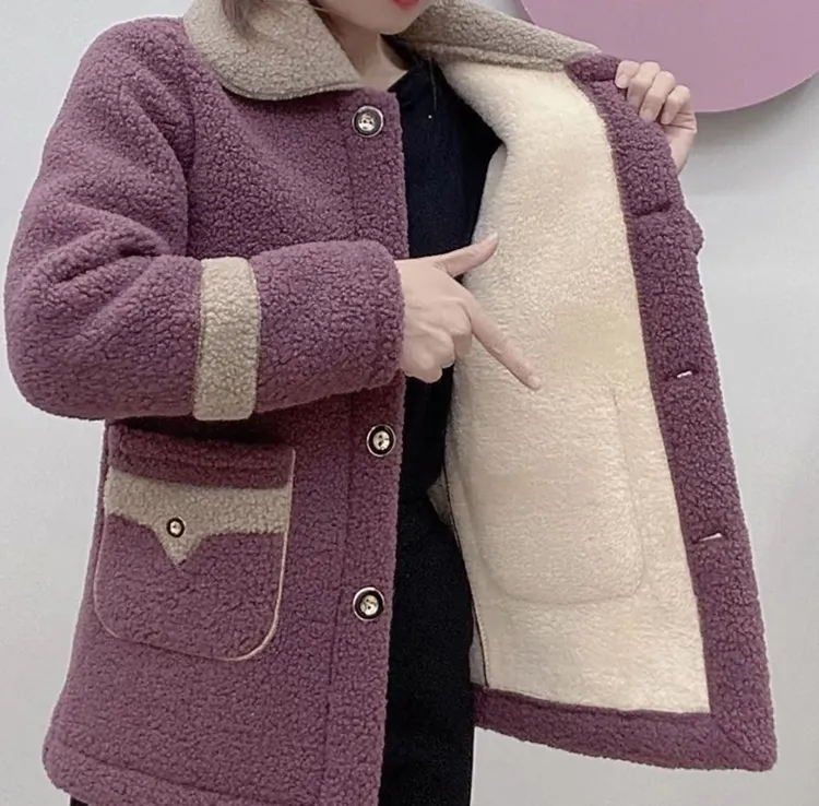 【拼接设计】高端女士新款羊羔绒外套秋冬款妈妈装加绒加厚65衣长
