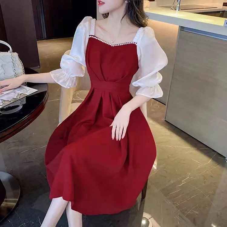 茶歇法式红色小个子女年春夏新款时尚收腰显瘦微喇中长裙短袖长裙