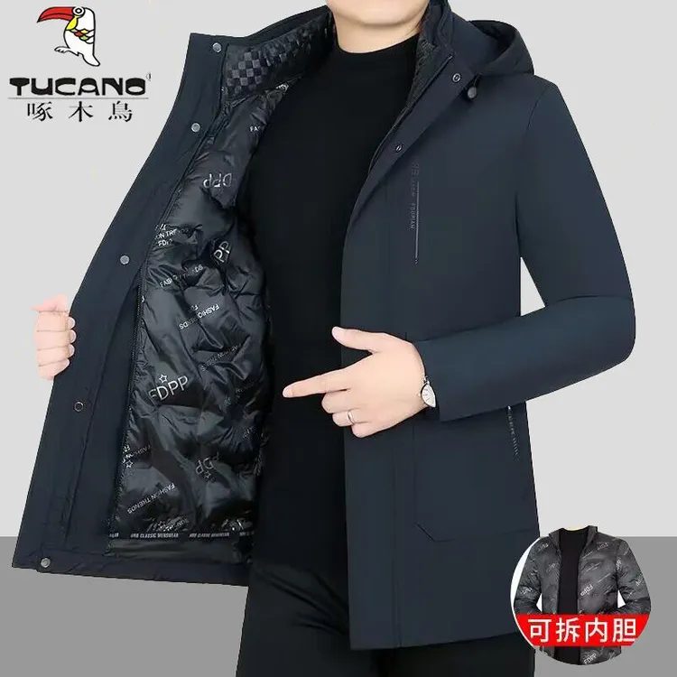啄木鸟男士新款冬季服中长款内里可拆中老年保暖棉服外套休闲棉衣