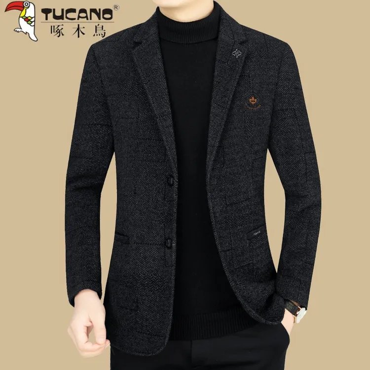 啄木鸟2025秋冬新款男士西装外套修身加厚雪尼尔商务西服上衣提花
