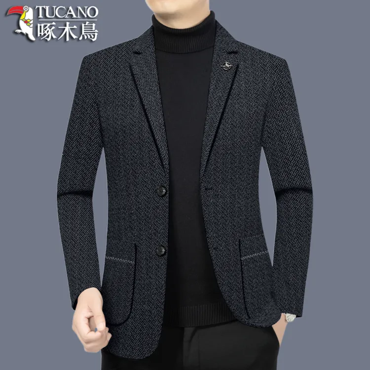 啄木鸟正品休闲西装男外套秋冬新款中年修身男士西服上衣毛呢西服