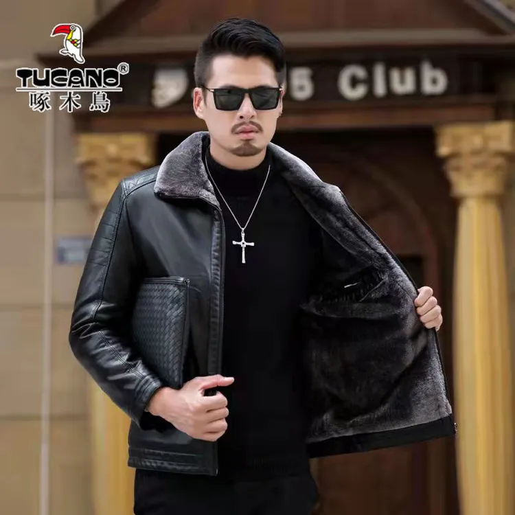 啄木鸟2023新款皮衣男士加绒加厚中年皮衣男外套皮夹克爸爸装保暖