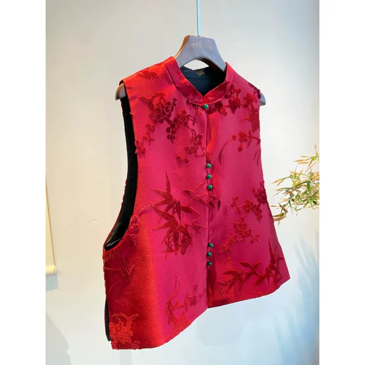 漳绒提花梅兰竹菊复古新中式红色马甲女2025新款国风休闲气质马夹