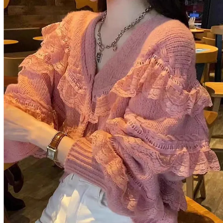 温柔系春秋装蕾丝设计感针织开衫小众气质甜美独特短款长袖上衣女