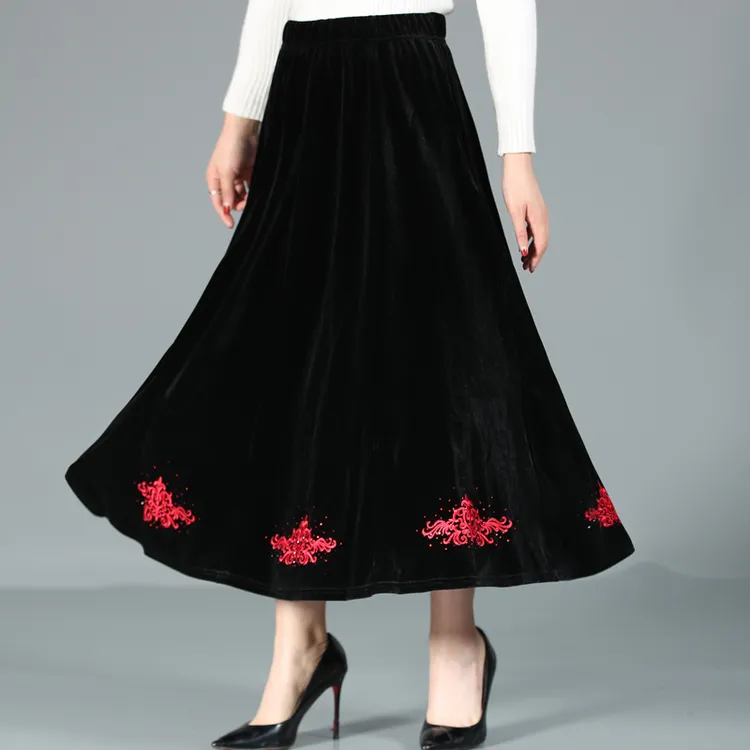 秋冬新款中老年半身裙中长款大摆裙妈妈裙子金丝绒贴花烫钻跳舞裙