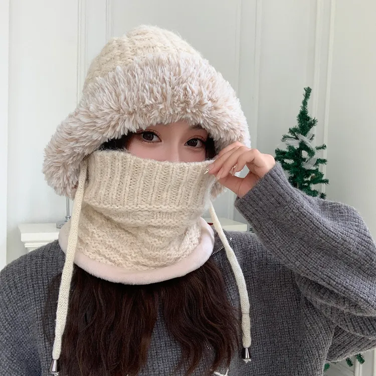 帽子围脖口罩一体加绒加厚防寒针织毛线帽女护脸户外保暖骑车护耳