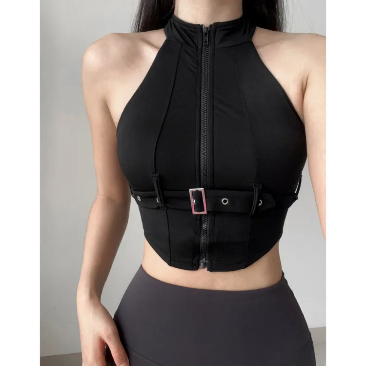 机车风辣妹个性含胸垫搭扣性感骑行上衣瑜伽健身无袖运动文胸背心