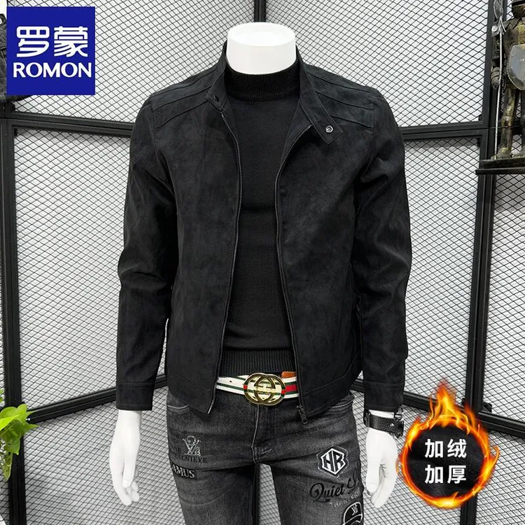 罗蒙防麂皮绒皮夹克男士春秋冬季痞帅气立领修身加绒加厚休闲外套