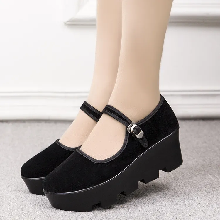 6CM老北京布鞋女厚底浅口酒店工作鞋工装舞蹈鞋坡跟黑色女士舒适