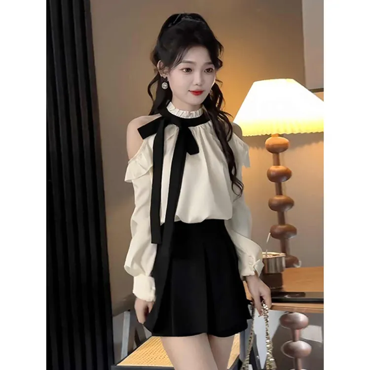 温柔风洋气甜美时尚百搭长袖撞色立领绑带露肩衬衫半身裙两件套装