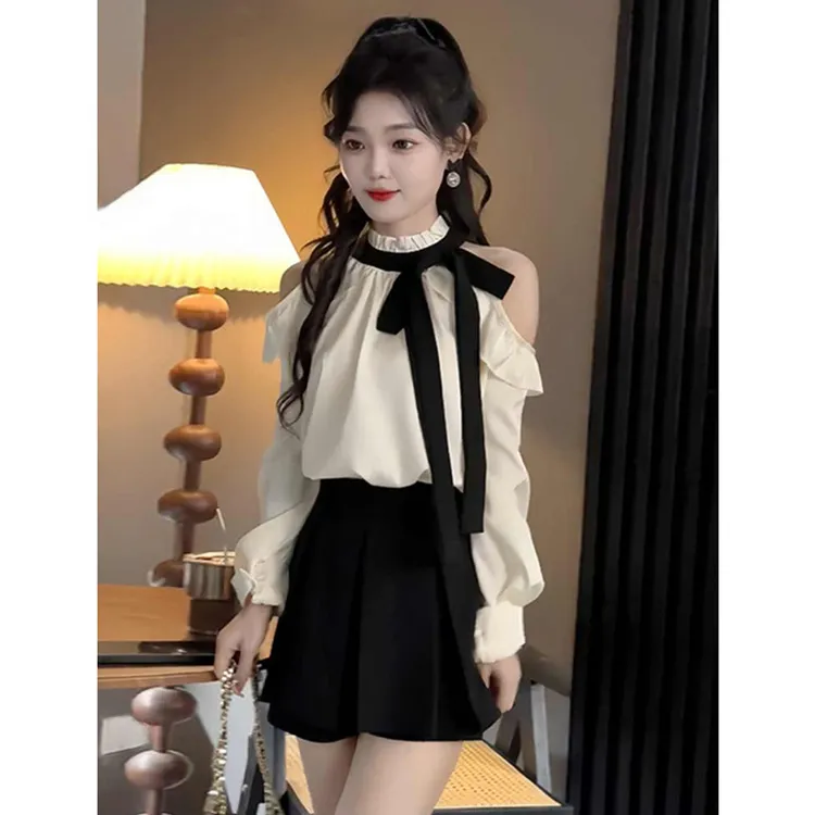 秋季新品女装微醺绑带露肩上衣高级感时尚百搭衬衫半身裙两件套装
