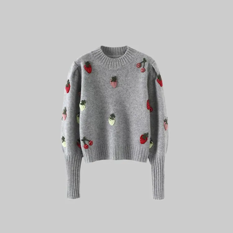 "酸甜莓莓‘’2024新款秋冬钩花草莓半高领气质毛针织衫衣套头女