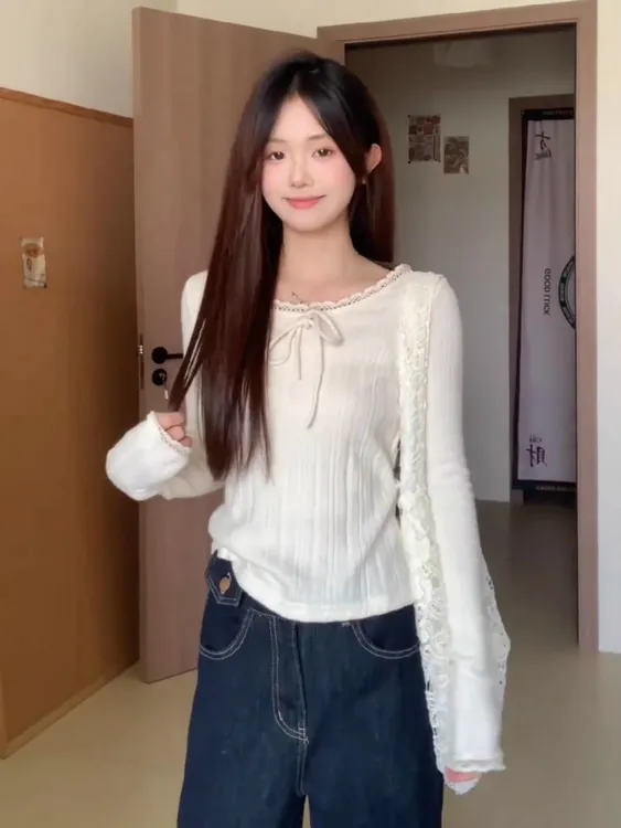 【现货】韩系纯欲蕾丝边长袖针织衫t恤女秋季宽松显瘦别致打底上衣