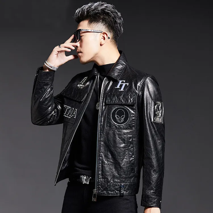 海宁新款真皮皮衣男士翻领百搭时尚修身皮夹克绵羊皮外套真皮皮衣