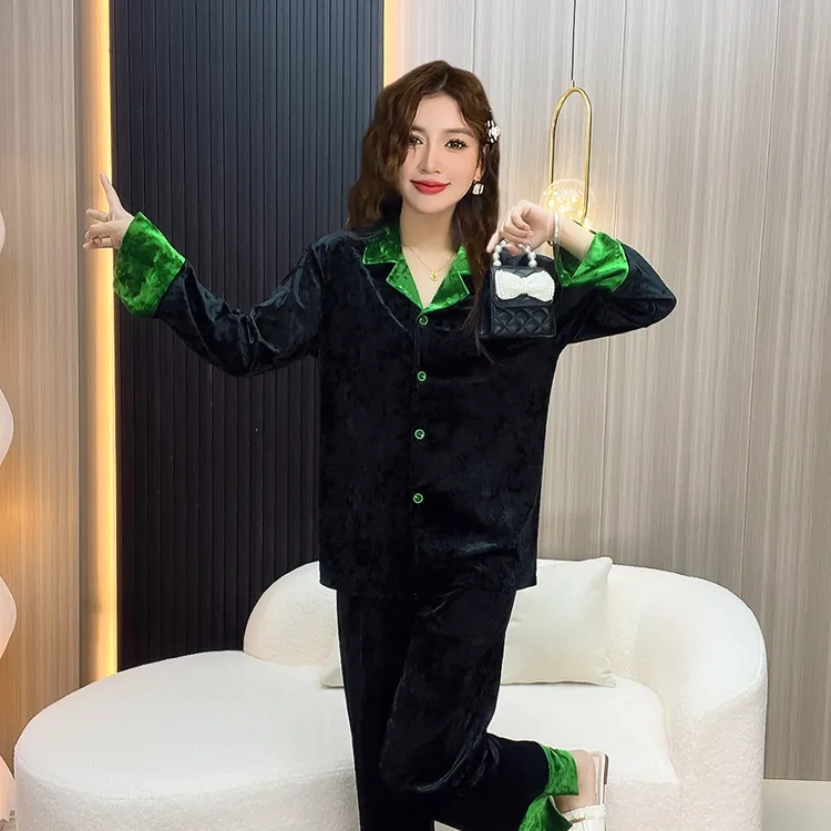 小香风金丝绒睡衣女春秋季长袖大码宽松秋冬网红家居服套装可外穿