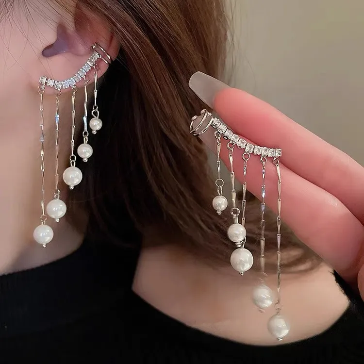 铜合金仿珍珠耳饰 超仙仿珍珠流苏耳骨夹小众气质耳环一体式耳饰