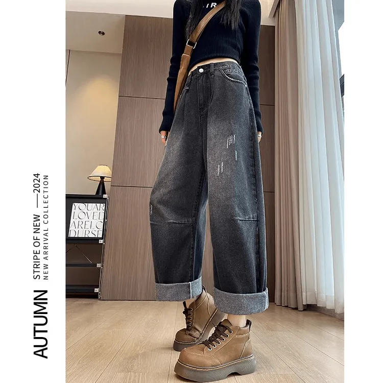 黑色阔腿牛仔裤女高腰春秋2024新款设计感小众美式高街宽松直筒裤
