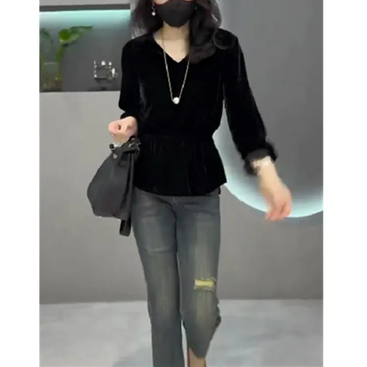 2025秋季新款韩版V领纯色上衣时尚收腰修身显瘦女