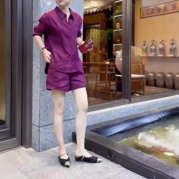 2024夏季新款简约时尚纯色翻领衬衫休闲短裤套装