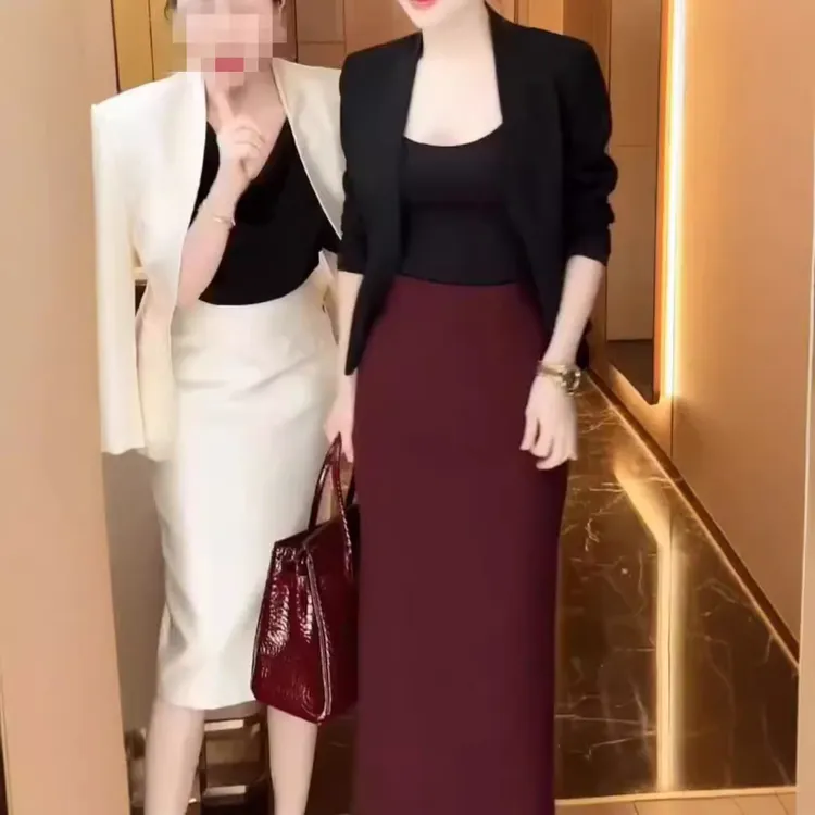 2024新款轻熟风职业显瘦西服外套高腰半身裙通勤