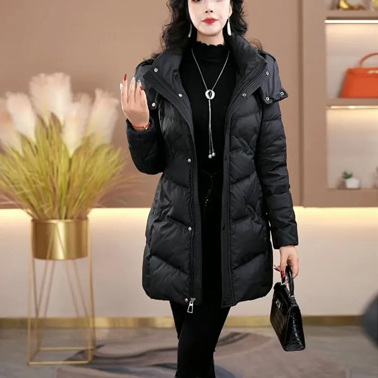 白鸭绒中长款大码羽绒服2025年新款冬季时尚收腰显瘦黑色保暖外套