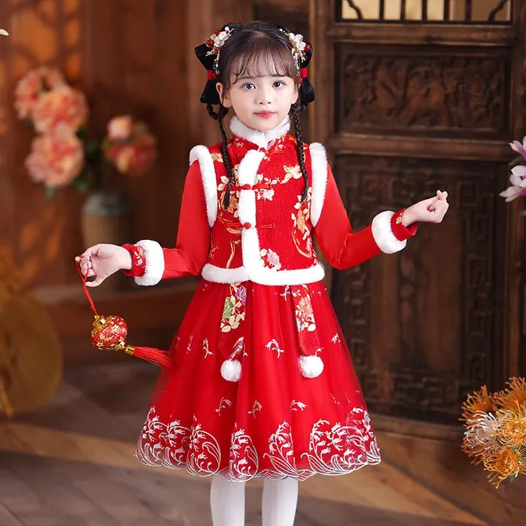 女汉服秋冬汉服连衣裙2024新款儿童拜年服过年服裙子秋冬