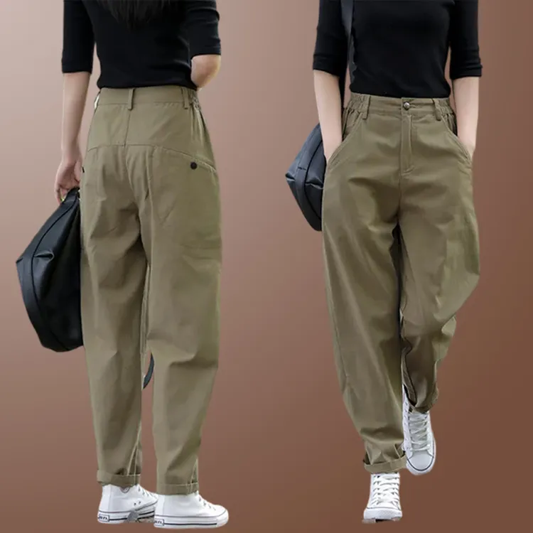 纯棉高档休闲工装裤女春秋2025新款大码显瘦百搭萝卜裤通勤女裤子