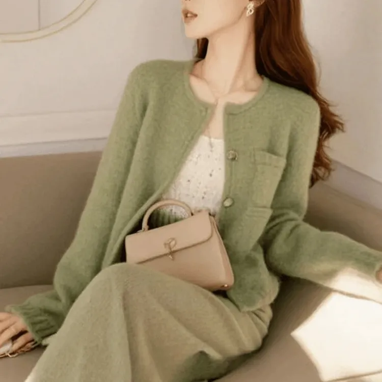 2025春秋季新款韩版气质小香风针织开衫外套阔腿裤套装女装两件套