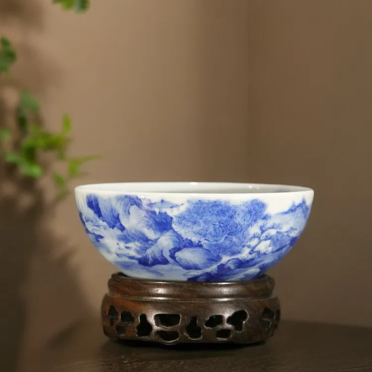 青花山水柴窑内外满绘普洱杯纯手工手绘