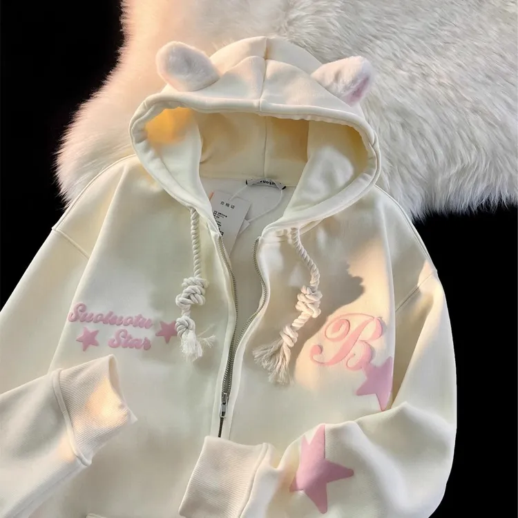 美式潮牌星星耳朵开衫卫衣女秋冬慵懒chic中大童oversize连帽外套