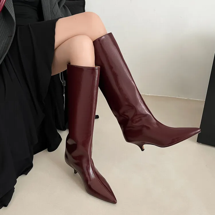 （牛皮/5厘米）秋冬新款大筒时尚猫跟瘦瘦靴安可拉红尖头低跟长筒靴