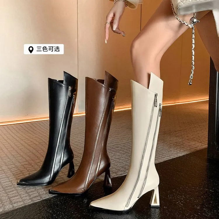 （牛皮/5厘米/7厘米）设计师款双拉链尖头粗跟时尚气质不过膝女靴