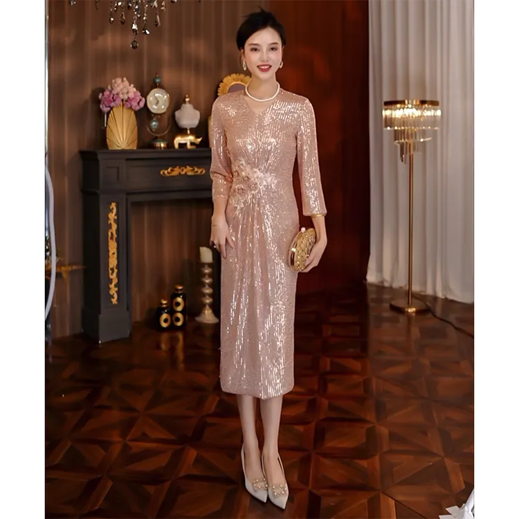连衣裙新款香槟色绣花亮片优雅气质中长大码显瘦轻奢妈妈婚礼礼服