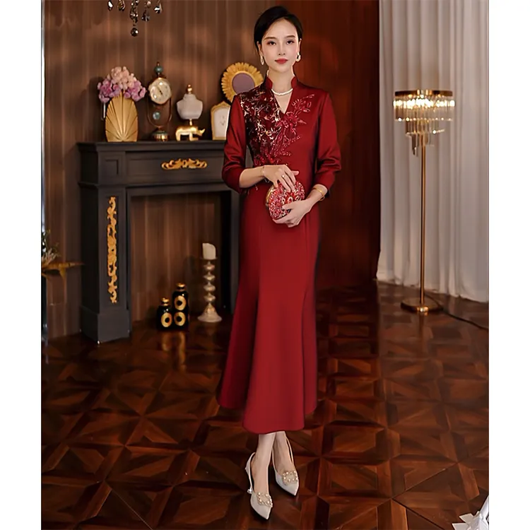 礼服平时可穿秋冬新款生日宴会聚会酒红色高端婚礼鱼尾连衣裙