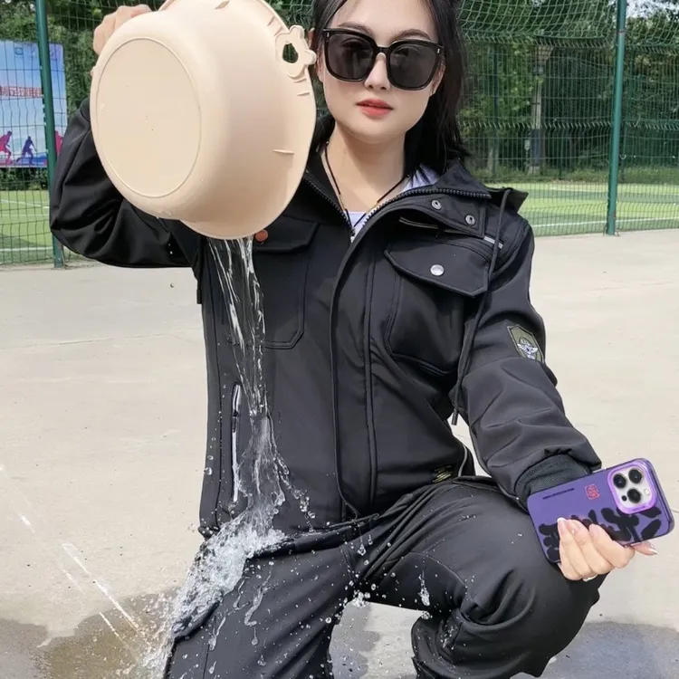 6534加绒微防水速干套装上衣裤子男士黑色工作服男款