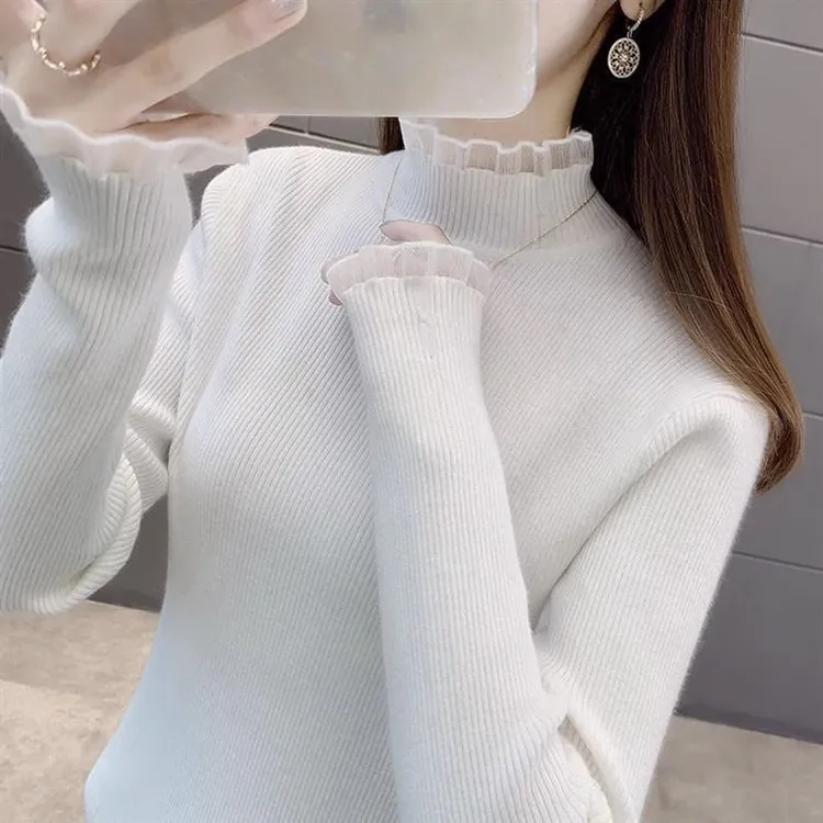 半高领法式设计感知性风优雅气质上衣拼接百搭纯色套头长袖针织衫