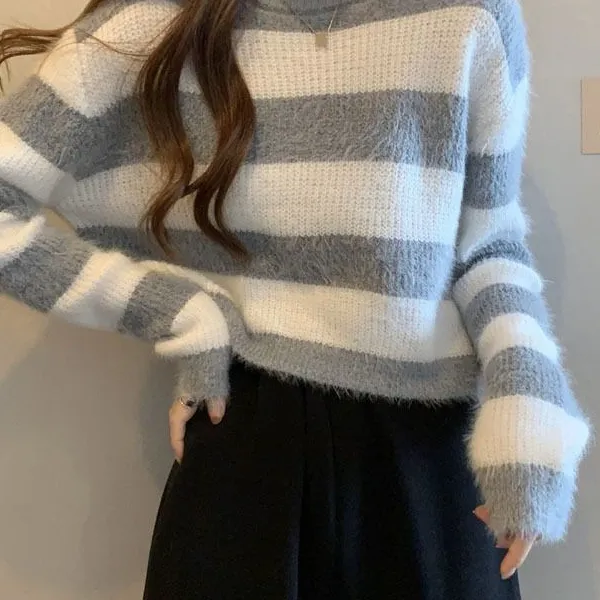 条纹针织毛针织衫撞色宽松羊绒衫半高领针织衫加厚