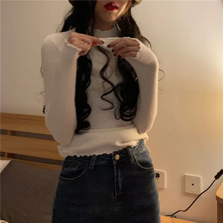 韩版小众温柔风长袖修身显瘦百搭简约通勤针织衫上衣半高领内搭潮