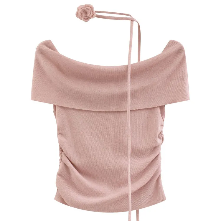 2025夏季纯欲风短袖针织衫女新款气质温柔系带花朵一字肩短款上衣