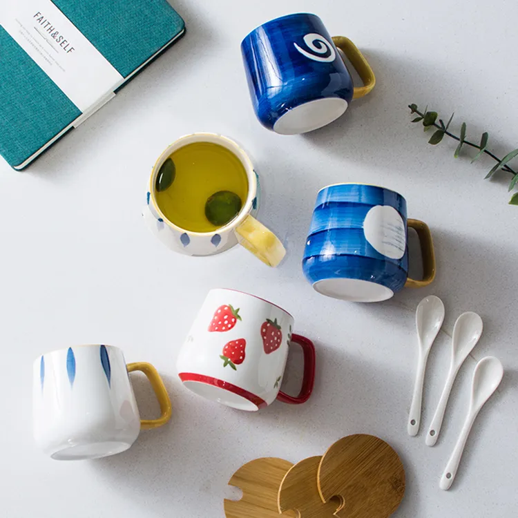陶瓷马克杯带盖勺 日式手绘喝水杯男女学生手柄咖啡早餐牛奶杯子
