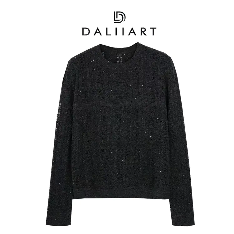 DALIART 波斯湾 绵羊毛银丝珠片纱绞花挑孔圆领针织衫DLTX1619