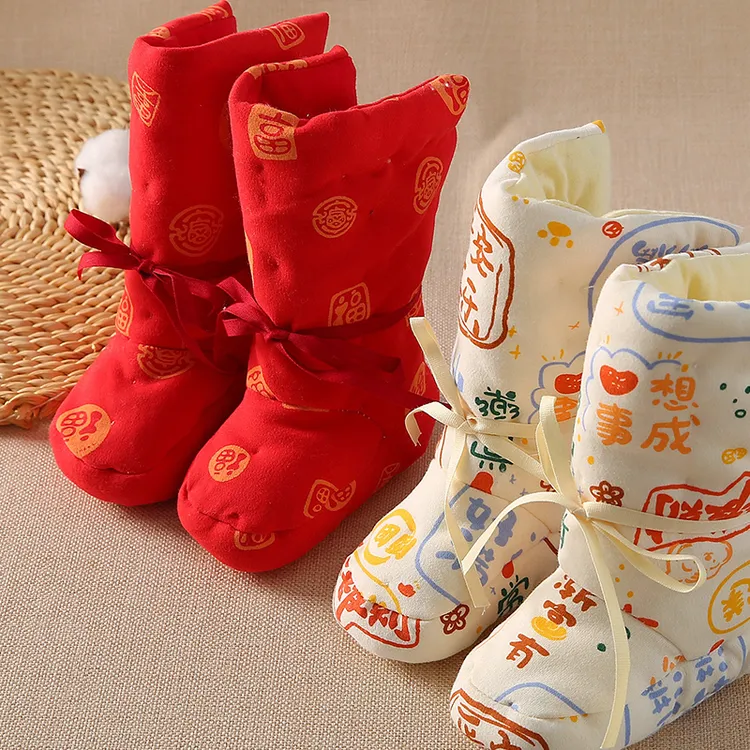 手工婴儿鞋子冬季加棉棉鞋宝宝保暖鞋袜中国风0-6-12月秋冬款脚套