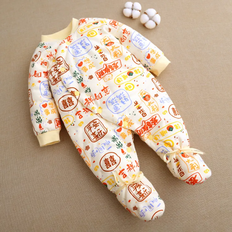 初生宝宝手工棉花棉衣婴儿包脚棉衣婴幼儿纯棉加厚连体衣哈衣冬季