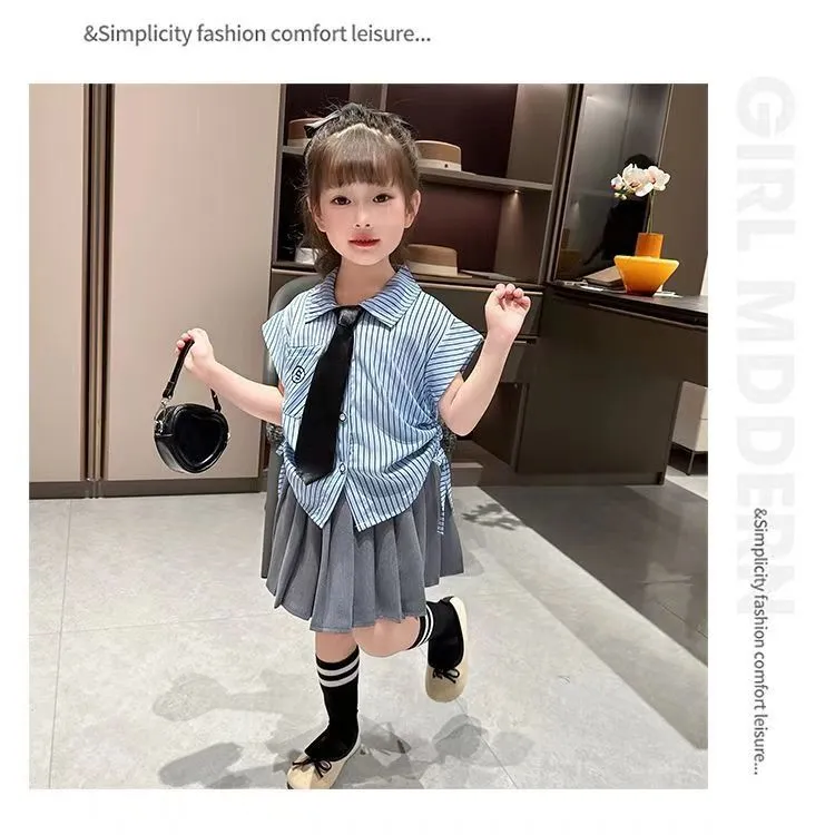 女童夏装衬衣儿童美式学院风百褶裙套装宝宝翻领蓝条纹无袖衬衫潮