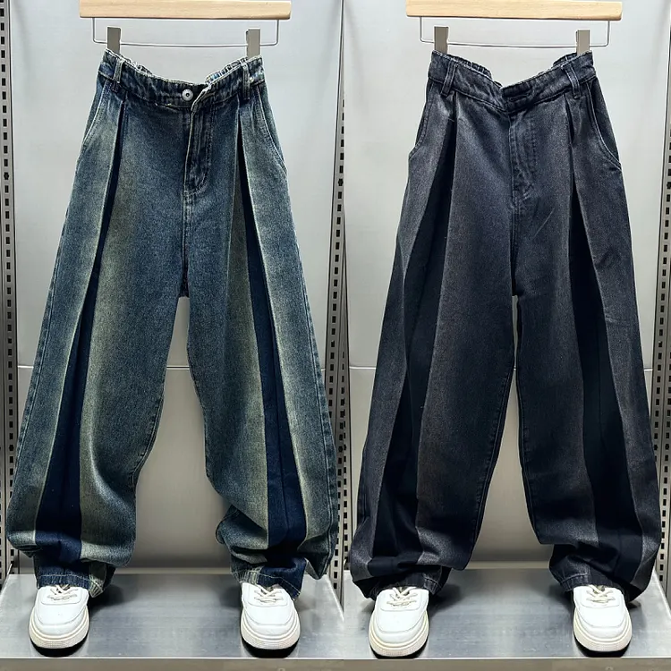 秋季阔腿加长牛仔裤男韩版潮流拼接时尚休闲裤大码宽松百搭拖地裤