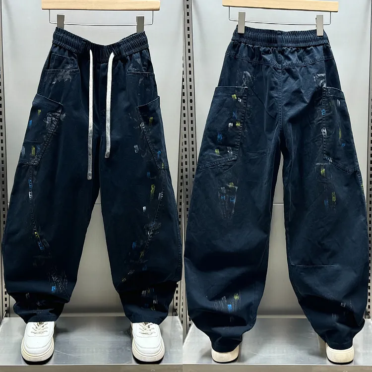 秋冬新款美式泼墨做旧弯刀休闲裤男士高级感加绒加厚宽松阔腿长裤