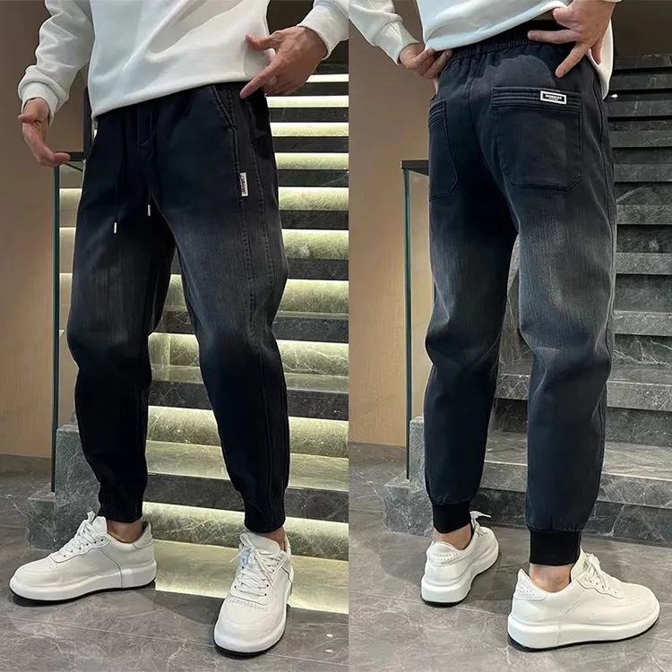 秋冬新款弹力加绒束脚休闲牛仔裤男士潮流渐变色小脚哈伦裤做旧裤